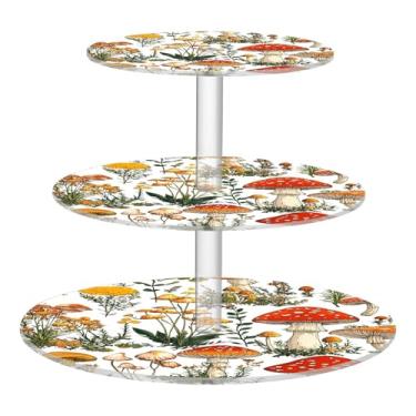Imagem de CEBUGI Suporte de cupcake de 3 camadas, padrão de cogumelo, suporte redondo para bolo, torre, bandeja de servir em camadas de acrílico para chá, chá de bebê, casamento e mais