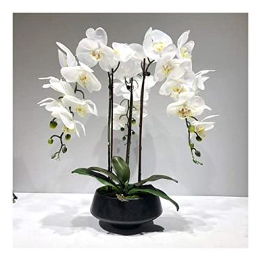 Imagem de LMJYU Flores artificiais flores falsas orquídeas de seda branca decoração com vaso de cerâmica Phalaenopsis toque real decoração texturizável. Decoração de orquídeas artificiais Artifi