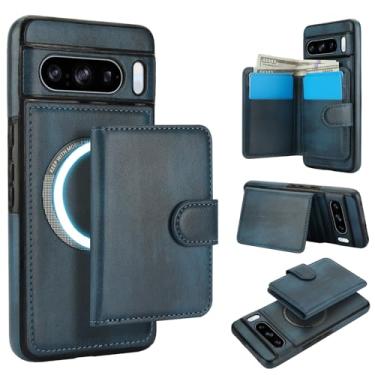 Imagem de Carteira removível para Google Pixel 8 Pro, compatível com Magsafe, capa de carregamento sem fio com suporte para cartão, compartimento para dinheiro, suporte 2 em 1 à prova de choque (azul)