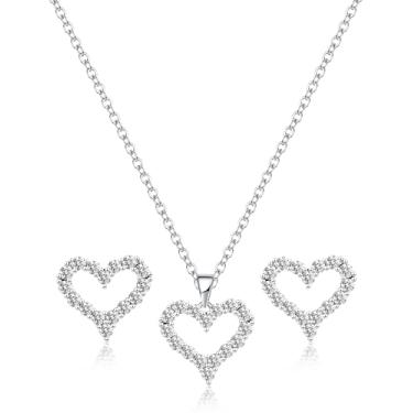 Imagem de Teppdfann Conjunto de joias de coração de prata para mulheres - Conjunto de colar e brincos de coração combinando com detalhes de zircão, conjuntos de joias de amor para Natal, aniversário, presentes
