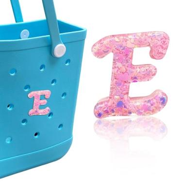 Imagem de HLUWA Berloques de letras para bolsa Bogg, alfabeto itálico rosa lantejoulas acessórios para Bogg e Simply Southern Bag, pingente de letras decorativas para bolsa de praia (E)