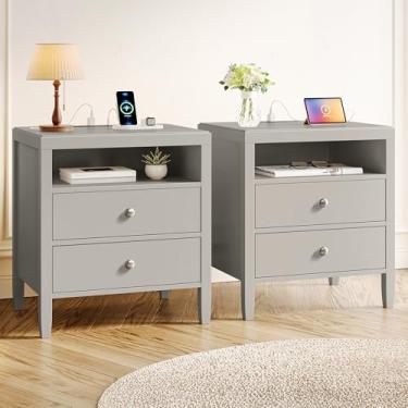 Imagem de Huuger Conjunto de 2 mesas de cabeceira cinza, mesa de cabeceira com estação de carregador, mesa de cabeceira com 2 gavetas, mesas laterais de cama para quarto, mesas de cabeceira modernas, puxadores