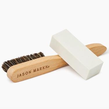 Imagem de Jason Markk Kit de limpeza de camurça, limpador de sapatos, conjunto de 2 peças, pincel e apagador de manchas, cuidados com tênis, ideal para calçados, seguro para couro, camurça, nobuck, algodão