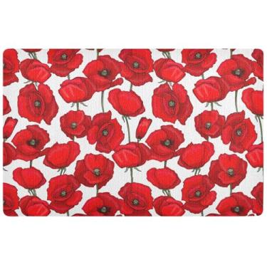 Imagem de TSENQUE Tapete de varanda com flores de papoula vermelho botânico engraçado à prova d'água, capacho para entrada interna, tapete de banho absorvente de água antiderrapante 81 cm x 50 cm