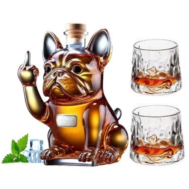 Imagem de Garrafa de uísque, conjunto de buldogue de dedo médio, feito à mão, decantador de vidro de 283 g com 2 copos giratórios, presente de licor com tema animal para festas, decoração de bar e amantes de
