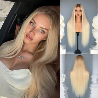 Imagem de Peruca Highlight Balayage cabelo humano lua enevoada cor dourada liso 100% cabelo virgem 13x4 atualização cor nude peruca frontal de renda sombra raiz pedaço de dinheiro loiro ombré sazonal edição