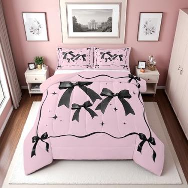 Imagem de Erosebridal Conjunto de edredom Queen com laço rosa e preto para meninas | Conjunto de cama com laço de fita coquete para crianças e mulheres, lindo conjunto de cama de gravata borboleta rosa, kawaii