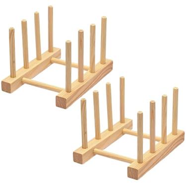 Imagem de GZLT Pacote com 2 escorredor de pratos de bambu para armário de cozinha e bancada, organizador de pratos para armário, tigelas, copos, utensílios, tampas de panela e garrafas, suporte para tábua de