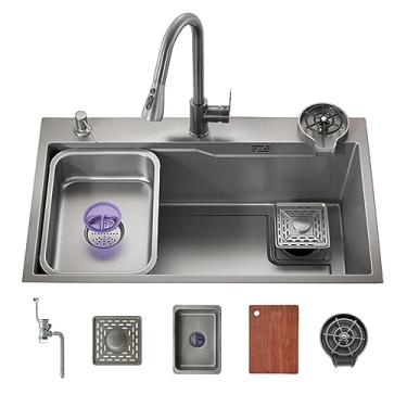 Imagem de Pia de cozinha preta de aço inoxidável 304, pia de cachoeira, tigela única, para estação de trabalho, com vários acessórios, adicione enxágue de vidro para pia pressurizada (68 cm/26,7 pol, pacote C)