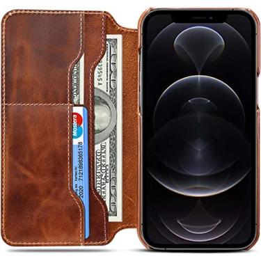 Imagem de CYSUE Capa flip para Apple iPhone 14 Plus (2022) 6,7 polegadas, cera de óleo couro de vaca à prova de choque capa carteira coldre [porta-cartão] (cor: marrom)