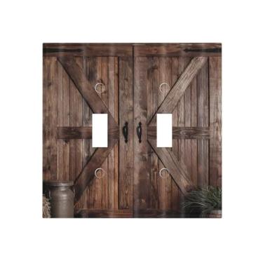 Imagem de TYIGBXFYO Capa decorativa para interruptores de luz decorativa rústica de madeira marrom para porta de celeiro Country 2 Gangs, placas elétricas de parede, receptáculo, placas frontais para banheiro