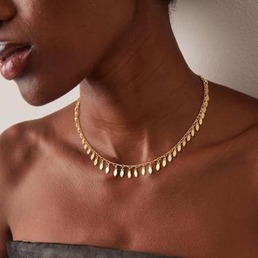 Imagem de Gargantilha feminina banhada a ouro 14 K com borla e folha banhada a ouro 14K, colar delicado ajustável para mulheres, joia boho de verão, Medium, Latão, Sem Pedra Preciosa