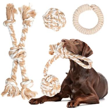 Imagem de Fida Brinquedos de corda para cães resistentes para mastigadores agressivos, pacote com 4 peças – Brinquedos de mastigar cães de algodão natural para cães grandes, cabo de guerra e buscar bola/anel/nó