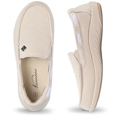 Imagem de Tênis feminino sem cadarço – Mocassim casual com suporte de arco – Tênis ortopédico de lona para fascite plantar com sola de borracha antiderrapante, Bege, 35