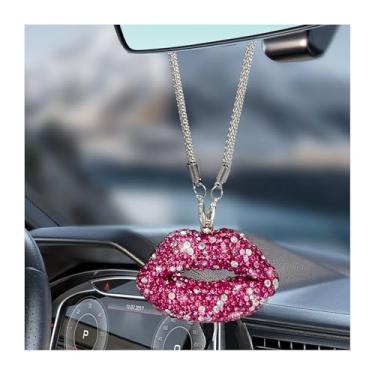 Imagem de MUQIDA Amuleto de espelho retrovisor de carro com lábio brilhante, diamante de lábio, enfeite para pendurar espelho retrovisor, pingente de strass com glitter, decoração de interiores de veículo para