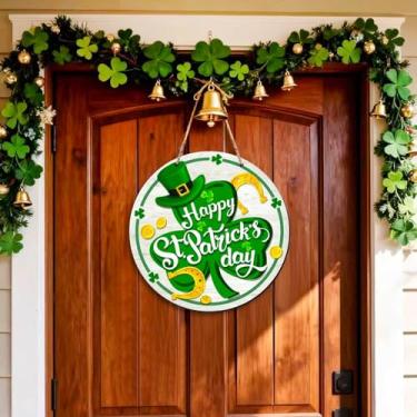 Imagem de Enfeite de pendurar feliz dia de São Patrício trevo verde trevo placa de ferradura placa decoração para porta de parede interna ao ar livre