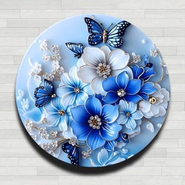 Imagem de Placa de parede redonda de metal rústico vintage azul e branco com flores e borboletas, presentes internos e externos de 20 cm e decoração para casa, escritório, café e quintal