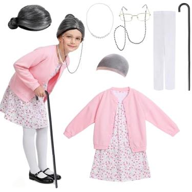 Imagem de Nihaoya Fantasia de avó para crianças, fantasia de senhora para idosa, 9 peças, acessórios para peruca, roupa de vestir, 100º dia de escola, tamanho 3T (3-4 anos)