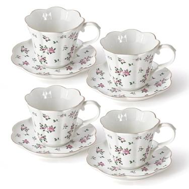 Imagem de Xícaras de chá e pires florais, conjunto de 4 xícaras de chá de cerâmica de 170 g, elegantes xícaras de café com borda recortada para latte, cappuccino, expresso, xícaras de chá de rosa para festas de