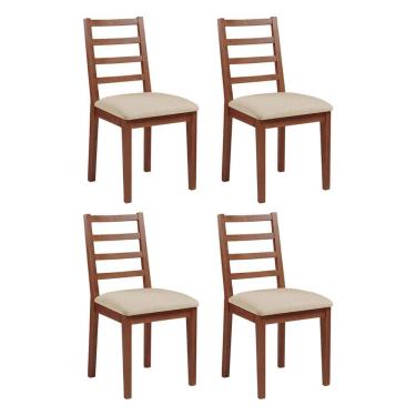 Imagem de Kit 4 Cadeiras De Jantar Em Madeira Maciça Aline Estofado Linho Bege - Imbuia - Marrom