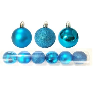Imagem de Kit 6 Bolas Natal Mista Glitter, Fosca, Lisa Azul Turquesa 8cm - Master Christmas