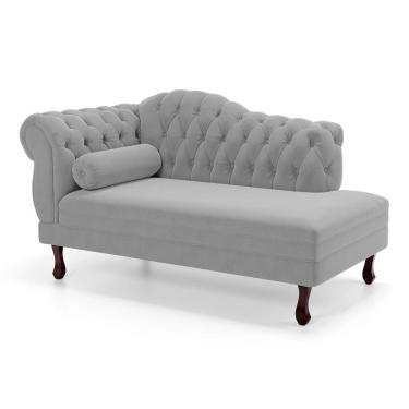 Imagem de Divã Recamier Lavínia Clássico 120cm Capitonê Com Pés De Madeira Veludo Cinza Claro - Desk Design