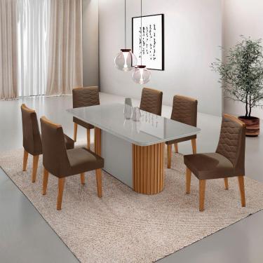Imagem de Mesa Jantar Aspen Tampo MDF Vidro 6 Cadeiras Eloise Moderna Veludo Marrom Off White Naturale