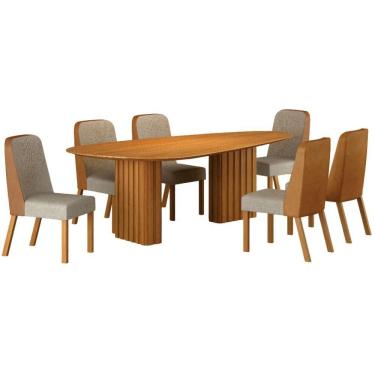 Imagem de Conjunto Sala De Jantar Isis Cinamomo 6 Cadeiras Linho Palha Courino Terracota Base Em Madeira 1,80 M Leifer Móveis