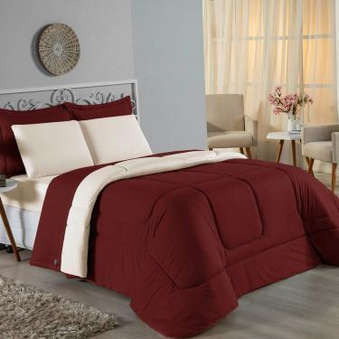 Imagem de Kit Edredom Dupla Face + Jogo De Lençol King Nobre 7 Peças Malha 100% Algodão - Vinho / Palha