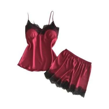 Imagem de Conjunto De Pijamas Sexy Feminino Com Decote Em V E Renda, Top De Seda