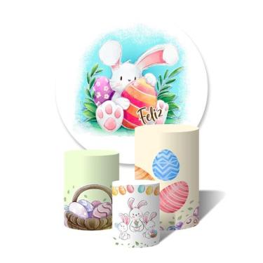 Imagem de Kit Painel Redondo e Trio de Capas de Cilindros Feliz Páscoa Coelho - 