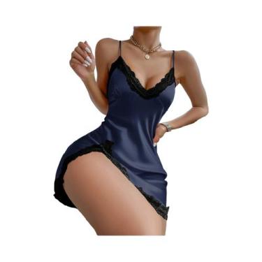 Imagem de Camisola Feminina De Cetim Com Renda Contrastante, Decote Em V Profund