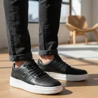 Imagem de Tênis Democrata Masculino Denim Block Couro Confort Original Cor:Preto