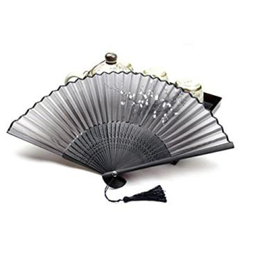 Imagem de MOOKEENONE 1 x ventilador dobrável de mão, leque preto flor de ameixa bolso de bambu para decoração de parede de presente