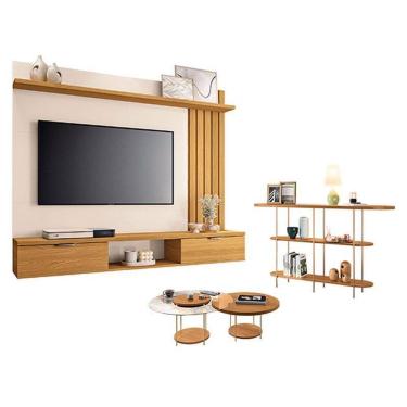 Imagem de Painel Suspenso Lets Cinamomo Off White com Kit Mesa de Centro Sky e Aparador Infinity Cinamomo - HB Móveis