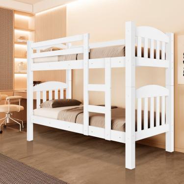 Imagem de Beliche Solteiro Rubi com Grade Protetora, Escada e Estrado em Madeira MDF Branco Liso para Dois Colchões 88CM