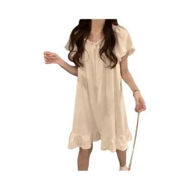Imagem de Camisola Branca De Comprimento Médio Para Mulheres, Pijamas De Verão, 