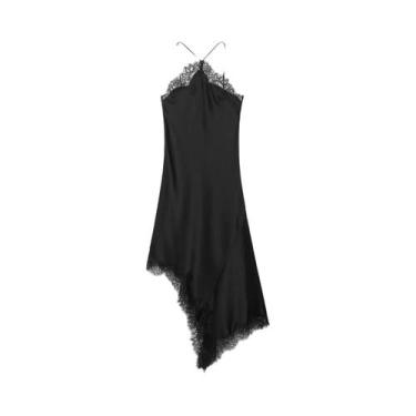 Imagem de Vestido Feminino De Renda Com Textura De Cetim, Alças E Barra Assimétr
