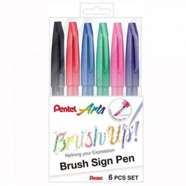 Imagem de Caneta hidrográfica Brush Sign Pen com 6 cores tradicionais KITBRUSH-6