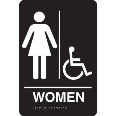 Imagem de Accuform Signs PAD110BK Placa tátil de plástico ADA Braille, Legend "Women" com cadeira de rodas/gráfico acessível para deficientes, 23 cm de comprimento x 15 cm de largura x 1/20.3 cm de espessura,