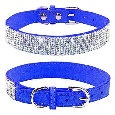 Imagem de Haoyueer Coleira de cachorro com strass, linda deslumbrante e cintilante couro de camurça macia para cães e gatos coleira de strass cristal diamante para cães de estimação (M, azul escuro)