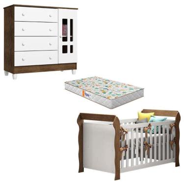 Imagem de Berço Americano Lara e Cômoda Ariel Branco Acetinado Amadeirado com Colchão Gazin - Carolina