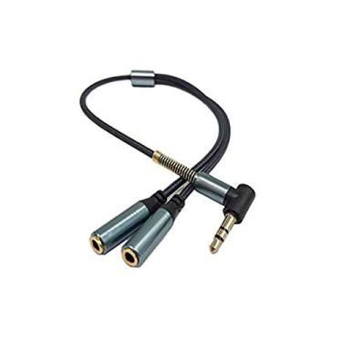 Imagem de Cabo divisor de áudio, Haokiang banhado a ouro 90 graus ângulo direito 3,5 mm macho para 2 fêmeas conector fone de ouvido áudio estéreo Y cabo adaptador divisor para tablets, MP3 Players, Azul