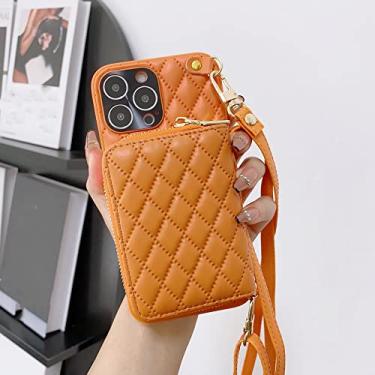 Imagem de Carteira com Zíper Couro Moeda Estojo para iPhone 14 Pro Max 14Plus 13 11 12 Transversal Lanyard Ombro Porta Cartões Bolsa Cosmética, laranja, Para iPhone 14 Plus