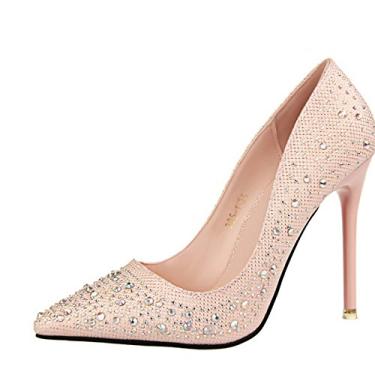 Imagem de Sapato feminino Gaorui bico fino strass salto alto fino plataforma stiletto, rosa, 6