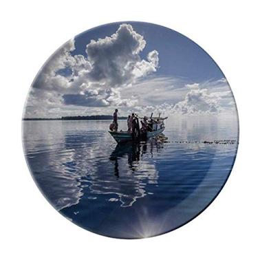 Imagem de Prato decorativo de porcelana para pessoas de barco azul água oceânica salver louça de jantar