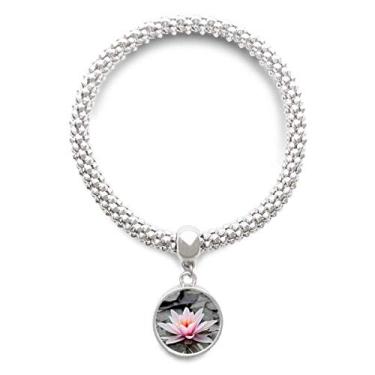 Imagem de DIYthinker Pulseira com pingente de prata de lótus vermelha com flores rosa pulseira ajustável