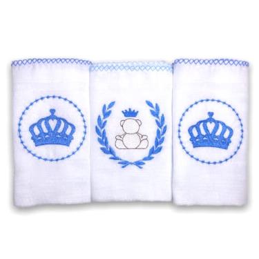 Imagem de Kit 3 Fraldas De Pano para Bebê Bordada Príncipe Azul (Coroa e Ursinho)