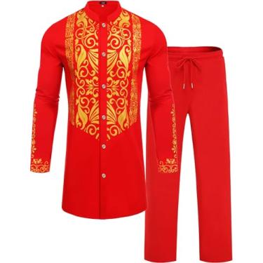 Imagem de ZSJR Conjunto masculino africano de 2 peças Dashiki traje tradicional metálico dourado estampado camisa e calça, Vermelho, G