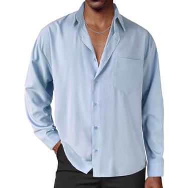 Imagem de Camisa social masculina de cetim brilhante, manga comprida, abotoada, luxuosa, de seda, ombro caído, ajuste relaxado, camisa de festa de formatura, Azul-celeste, GG